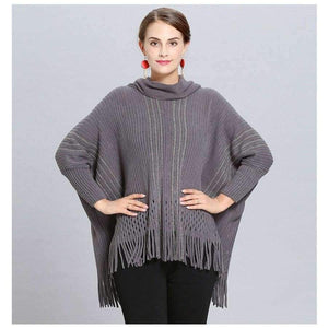 Planet Gates white / One Size Winter Women V Neck Batwing Stripes Fringed Stitching Irregular Tops Poncho Shawl Cape Sweater Blusas Femininas