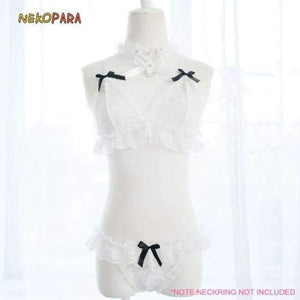 Planet Gates White / One Size Women's Lingerie 2PCS Set Bra & Panties Set Transparent Lace Bikini Pearl Bows Cute Exotic Apparel Black & White