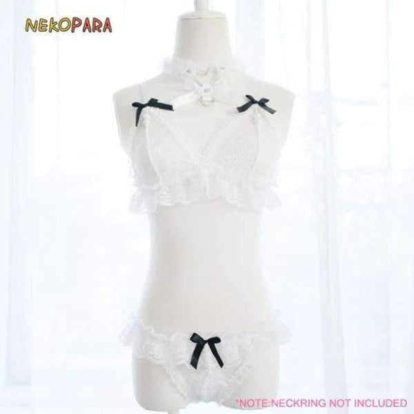 Planet Gates White / One Size Women's Lingerie 2PCS Set Bra & Panties Set Transparent Lace Bikini Pearl Bows Cute Exotic Apparel Black & White