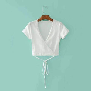 Planet Gates WHITE / One Size Wrap crop top women tops t shirt kawaii long sleeve v neck black white pink casual tshirt sexy ladies tees