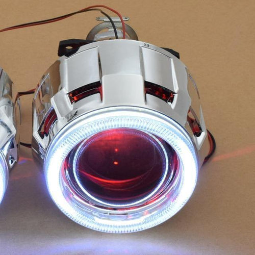 Planet Gates White Red / China COB LED Angel Devil Eyes Bi xenon Lens Projector Headlight For Car Retrofit DIY W/ Daytime Running Lights 2.5'' H4 H7