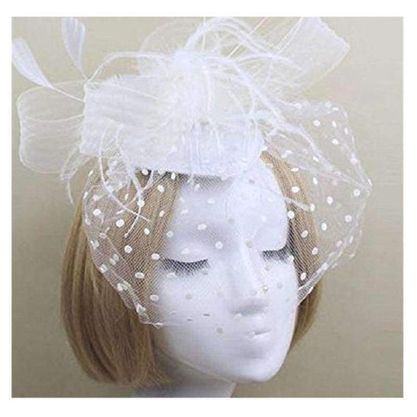 Planet Gates White Retro Birdcage Dot Mesh Bridal Face Veil With Bow Feather Fascinator Headpiece Clip Wedding Hair Accessory Cocktail Party
