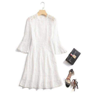 Planet Gates white / S Autumn Style Lace Dress High Quality Women O-Neck Flare Sleeve Black White Cotton Lace Vintage Dress For Party Events