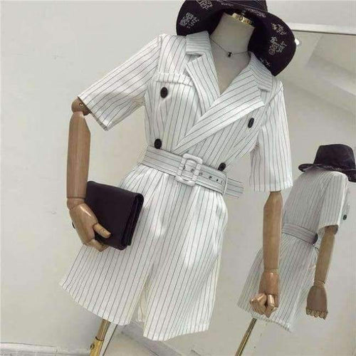 Planet Gates white / S Casual Summer Striped Jumpsuits for Women Rompers Notched Double Breasted Playsuits Short Sleeve Short Overalls 2018
