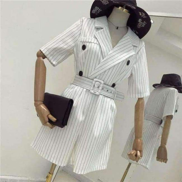 Planet Gates white / S Casual Summer Striped Jumpsuits for Women Rompers Notched Double Breasted Playsuits Short Sleeve Short Overalls 2018
