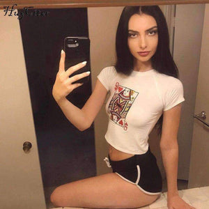 Planet Gates White / S Cotton short sleeve poker face print T-shirt women bodycon fashion casual crop top  female tees