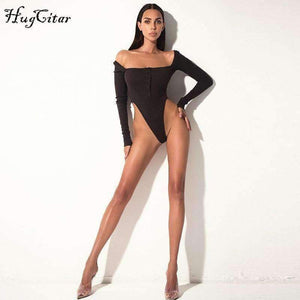 Cotton Slash Neck Sexy Button Long Sleeve Black Solid Bodycon Bodysuit 2018 Summer Atutmn Women Fashion Body