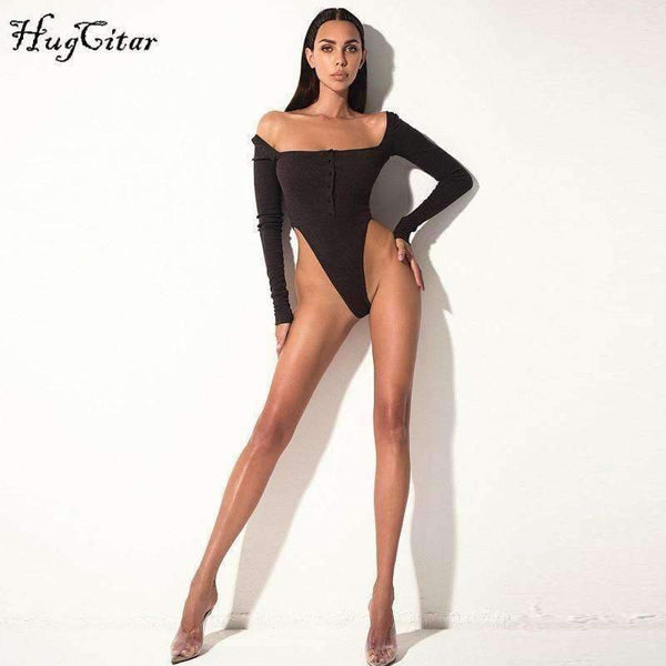 Cotton Slash Neck Sexy Button Long Sleeve Black Solid Bodycon Bodysuit 2018 Summer Atutmn Women Fashion Body