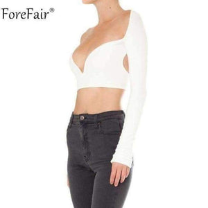 Planet Gates White / S Deep V Neck Long Sleeve Crop Tops Women Summer Streetwear Solid Sexy Scoop Back Short Tops Ladies Off Shoulder T Shirt