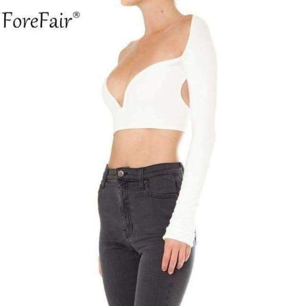 Planet Gates White / S Deep V Neck Long Sleeve Crop Tops Women Summer Streetwear Solid Sexy Scoop Back Short Tops Ladies Off Shoulder T Shirt