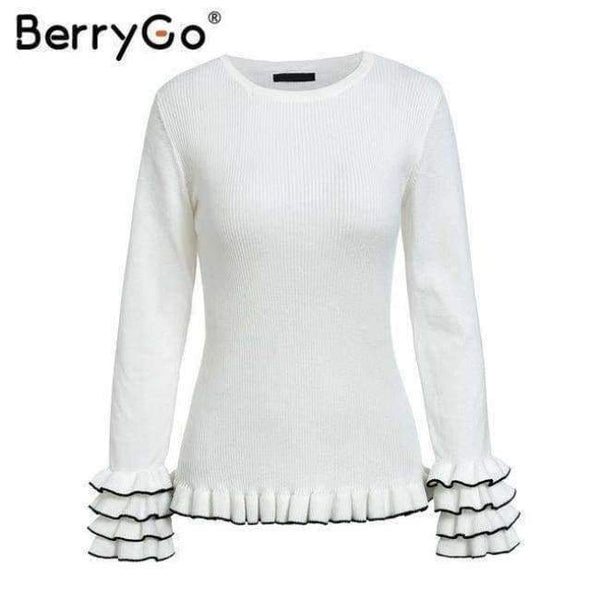 Planet Gates White / S Elegant ruffles yellow sweater 2018 Women casual knitted sweaters pullover Autumn winter ladies sweaters female jumpers