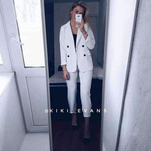Planet Gates white / S Fashion Pant Suits 2 Piece Set for Women Double Breasted Striped Blazer Jacket & Trouser Office Lady Suit Feminino 2018