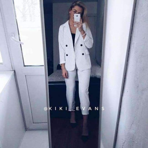 Planet Gates white / S Fashion Pant Suits 2 Piece Set for Women Double Breasted Striped Blazer Jacket & Trouser Office Lady Suit Feminino 2018