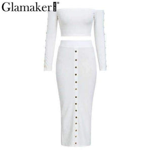 Planet Gates White / S Glamaker Off shoulder bodycon button crop winter dress Women knitted split long sleeve sexy dress Two-piece suit maxi dress 2018