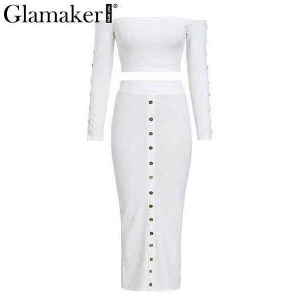 Planet Gates White / S Glamaker Off shoulder bodycon button crop winter dress Women knitted split long sleeve sexy dress Two-piece suit maxi dress 2018