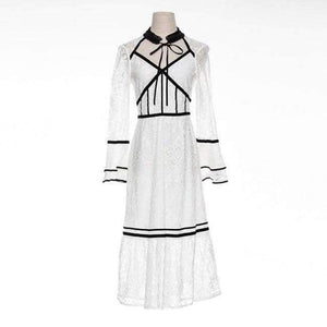 Planet Gates white / S Lace Party Evening Women Designer Dress Cross V-Neck Velvet Patchwork Flare Sleeve Lace Tunic Dress Events Special