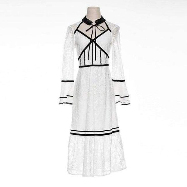 Planet Gates white / S Lace Party Evening Women Designer Dress Cross V-Neck Velvet Patchwork Flare Sleeve Lace Tunic Dress Events Special