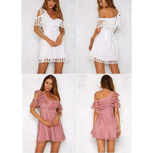 Planet Gates White / S Lily Rosie Girl Ruffle short sleeve white sexy dress women 2018 New pink mini lace dresses Beach party one shoulder vestidos