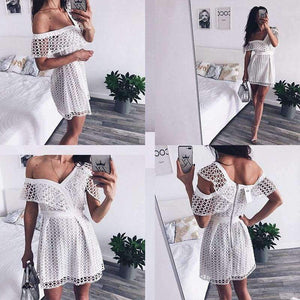 Lily Rosie Girl Ruffle short sleeve white sexy dress women 2018 New pink mini lace dresses Beach party one shoulder vestidos