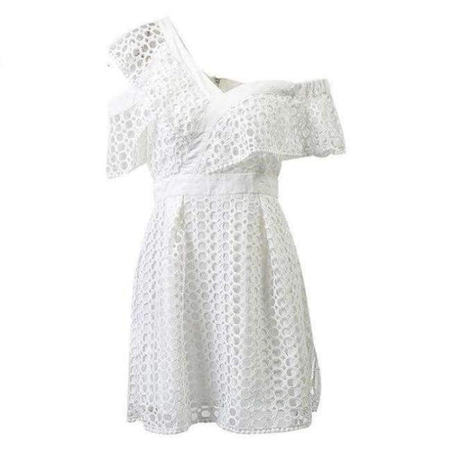 Lily Rosie Girl Ruffle Short Sleeve White Sexy Dress Women 2018 New Pink Mini Lace Dresses Beach Party One Shoulder Vestidos - White / S