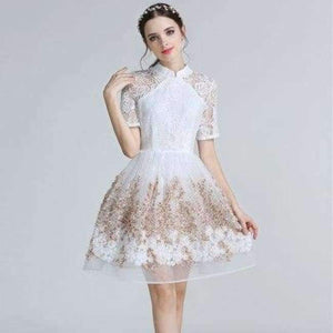 Planet Gates White / S Mandarin Collar Dress Luxury Women Appliques Embroidery Short Sleeve Summer Lace Dress Event For Party Wedding NS416