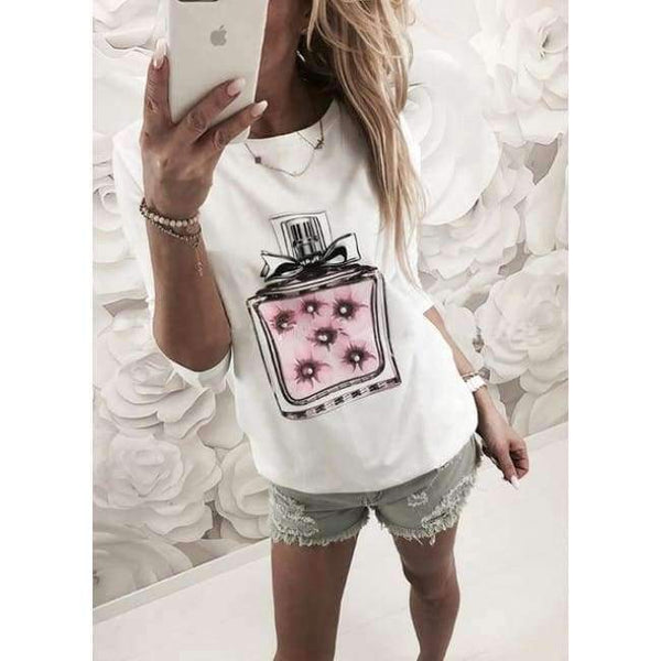 Planet Gates White / S New Arrivals Casual Pink Green White Perfume Pattern Print Short Sleeve Tees Women Tops Shirt T Shirt For Women