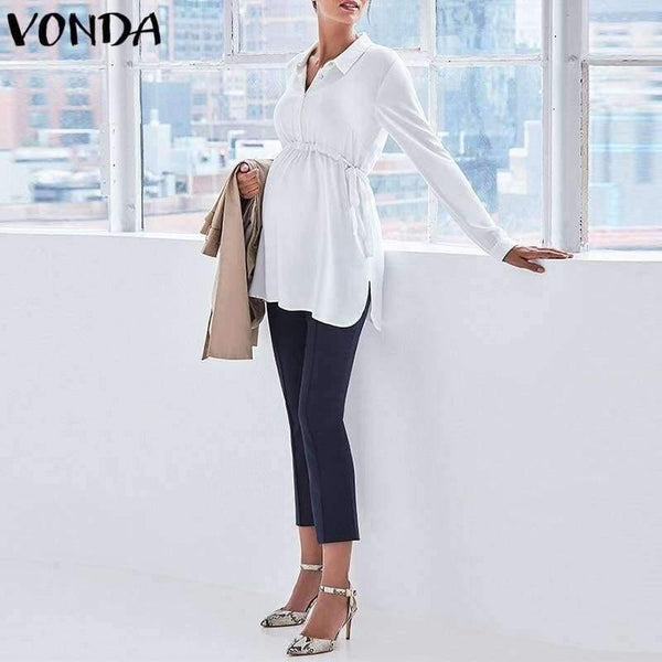 Pregnancy Women White Shirts  Autumn V Neck Full Sleeve Blouse Casual Loose Plus Size Solid Tops Maternity Blusas Femininas - Planet Gates