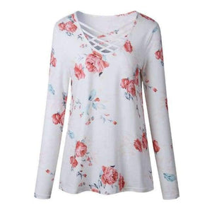 Planet Gates White / S Printed Floral V-Neck T-Shirt Women Tops Autumn Winter 2017 T Shirt Female Top Tees Casual Long Sleeve White Blue tshirt