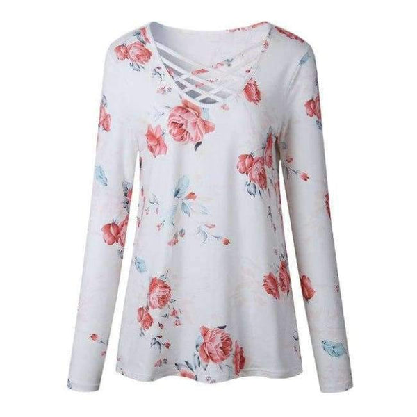 Planet Gates White / S Printed Floral V-Neck T-Shirt Women Tops Autumn Winter 2017 T Shirt Female Top Tees Casual Long Sleeve White Blue tshirt