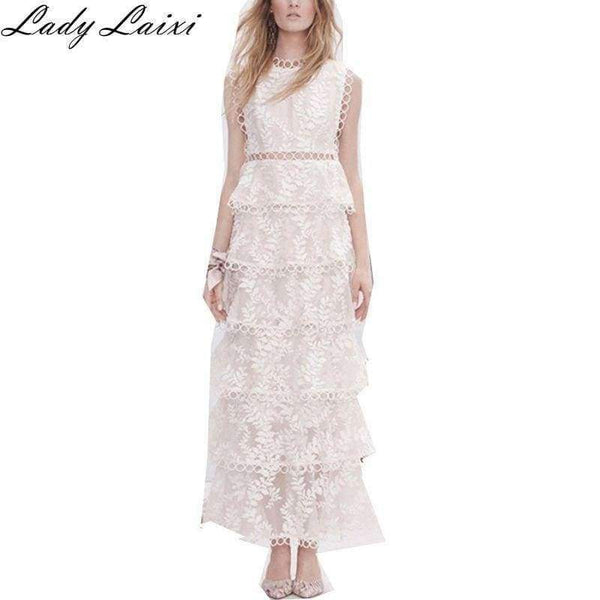 Planet Gates white / S Quality Women  White Tiered Mesh  Embroidery Cake O-neck Dress Ladies Party Event Evening Clothes