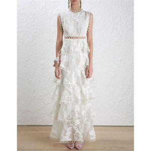 Planet Gates white / S Quality Women  White Tiered Mesh  Embroidery Cake O-neck Dress Ladies Party Event Evening Clothes