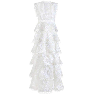 Planet Gates white / S Quality Women  White Tiered Mesh  Embroidery Cake O-neck Dress Ladies Party Event Evening Clothes