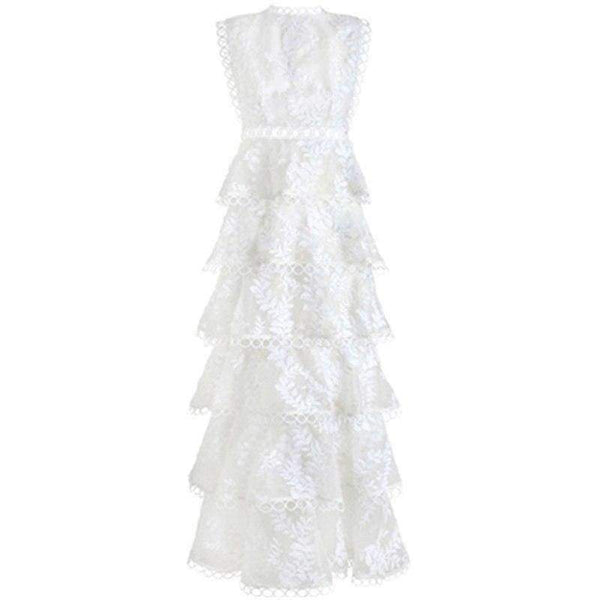 Planet Gates white / S Quality Women  White Tiered Mesh  Embroidery Cake O-neck Dress Ladies Party Event Evening Clothes