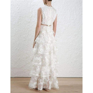 Planet Gates white / S Quality Women  White Tiered Mesh  Embroidery Cake O-neck Dress Ladies Party Event Evening Clothes