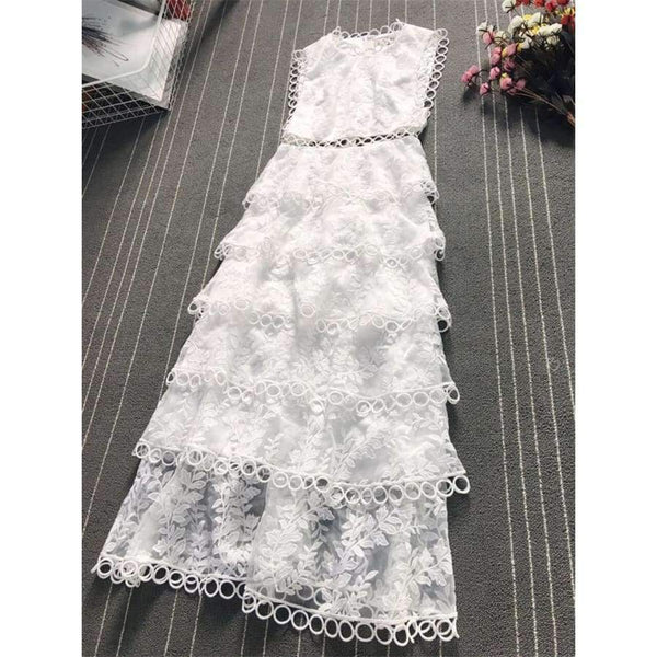 Planet Gates white / S Quality Women  White Tiered Mesh  Embroidery Cake O-neck Dress Ladies Party Event Evening Clothes