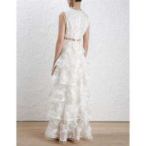 Planet Gates white / S Quality Women  White Tiered Mesh  Embroidery Cake O-neck Dress Ladies Party Event Evening Clothes