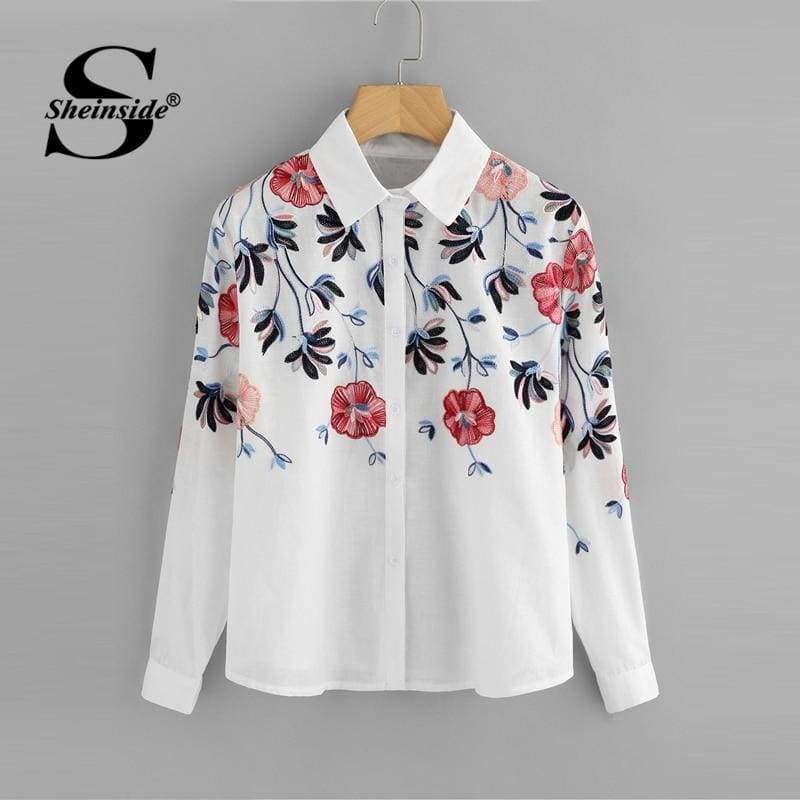 Planet Gates White / S Sheinside White Embroidery Long Sleeve Shirts Floral Button Top 2018 Spring Women Office Work Wear Elegant Blouse