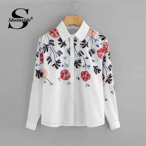 Planet Gates White / S Sheinside White Embroidery Long Sleeve Shirts Floral Button Top 2018 Spring Women Office Work Wear Elegant Blouse