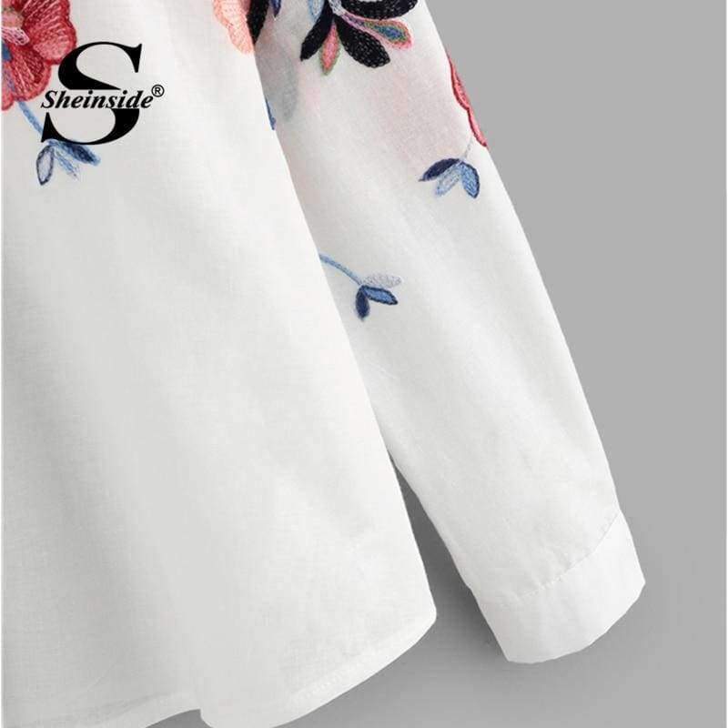 Planet Gates White / S Sheinside White Embroidery Long Sleeve Shirts Floral Button Top 2018 Spring Women Office Work Wear Elegant Blouse