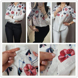 Planet Gates White / S Sheinside White Embroidery Long Sleeve Shirts Floral Button Top 2018 Spring Women Office Work Wear Elegant Blouse