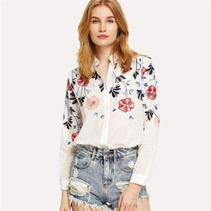 Planet Gates White / S Sheinside White Embroidery Long Sleeve Shirts Floral Button Top 2018 Spring Women Office Work Wear Elegant Blouse