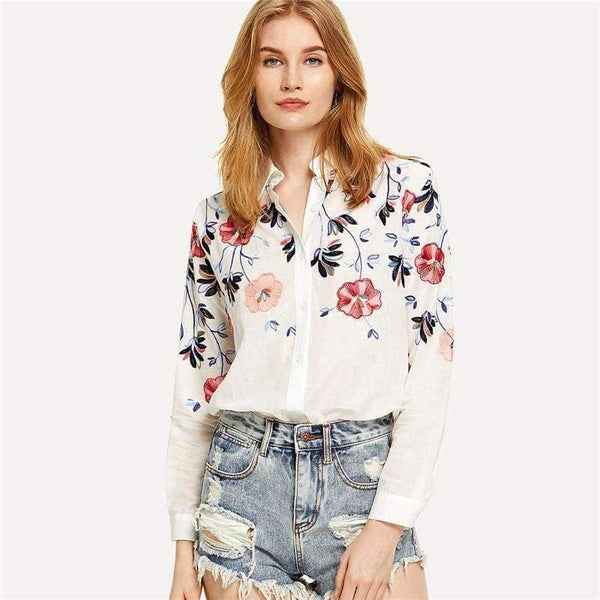 Planet Gates White / S Sheinside White Embroidery Long Sleeve Shirts Floral Button Top 2018 Spring Women Office Work Wear Elegant Blouse