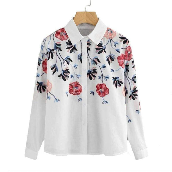 Planet Gates White / S Sheinside White Embroidery Long Sleeve Shirts Floral Button Top 2018 Spring Women Office Work Wear Elegant Blouse