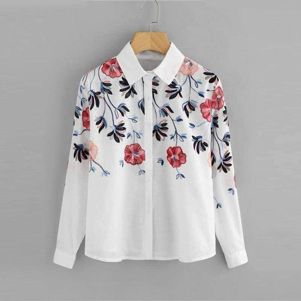 Planet Gates White / S Sheinside White Embroidery Long Sleeve Shirts Floral Button Top 2018 Spring Women Office Work Wear Elegant Blouse