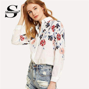 Planet Gates White / S Sheinside White Embroidery Long Sleeve Shirts Floral Button Top 2018 Spring Women Office Work Wear Elegant Blouse