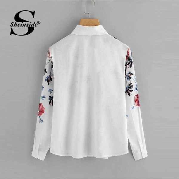 Planet Gates White / S Sheinside White Embroidery Long Sleeve Shirts Floral Button Top 2018 Spring Women Office Work Wear Elegant Blouse