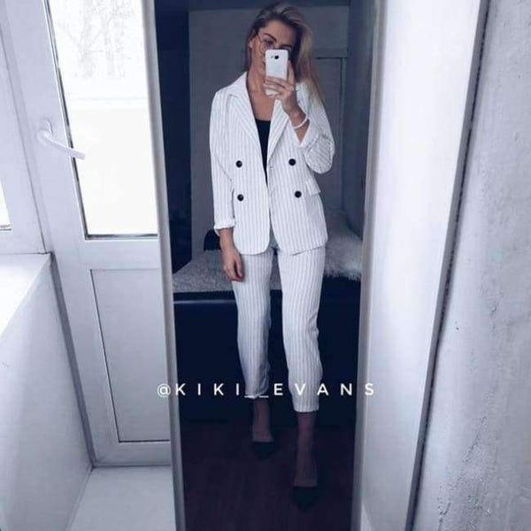 Planet Gates white / S Suits  2 Piece Sets Double Breasted Striped Blazer Jacket & Zipper Trousers Suit For Women Outfits Feminino Spring