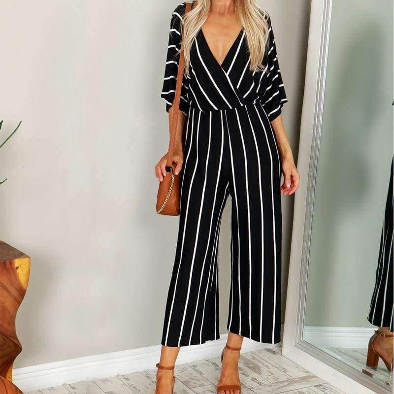 Planet Gates White / S Summer Elegant Women Striped Jumpsuits OL Work Wide Leg Pants Casual Loose Deep V-neck Short Sleeve Loose Rompers
