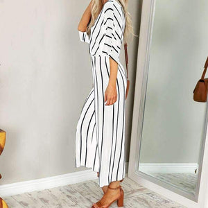 Planet Gates White / S Summer Elegant Women Striped Jumpsuits OL Work Wide Leg Pants Casual Loose Deep V-neck Short Sleeve Loose Rompers