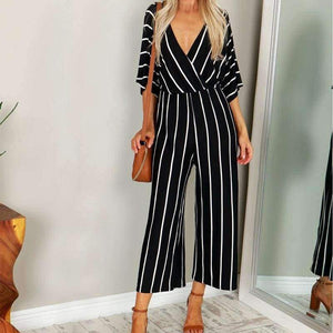 Planet Gates White / S Summer Elegant Women Striped Jumpsuits OL Work Wide Leg Pants Casual Loose Deep V-neck Short Sleeve Loose Rompers